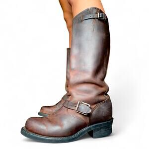 RARE Vintage Frye Brown Leather Harness Engineer Moto Buckle Boots Size 8.5 USA